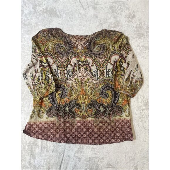 One World 2X Boho Paisley Mixed Print Top Scoop Neck 3/4 Sleeve Stretch Blouse - Picture 10 of 11